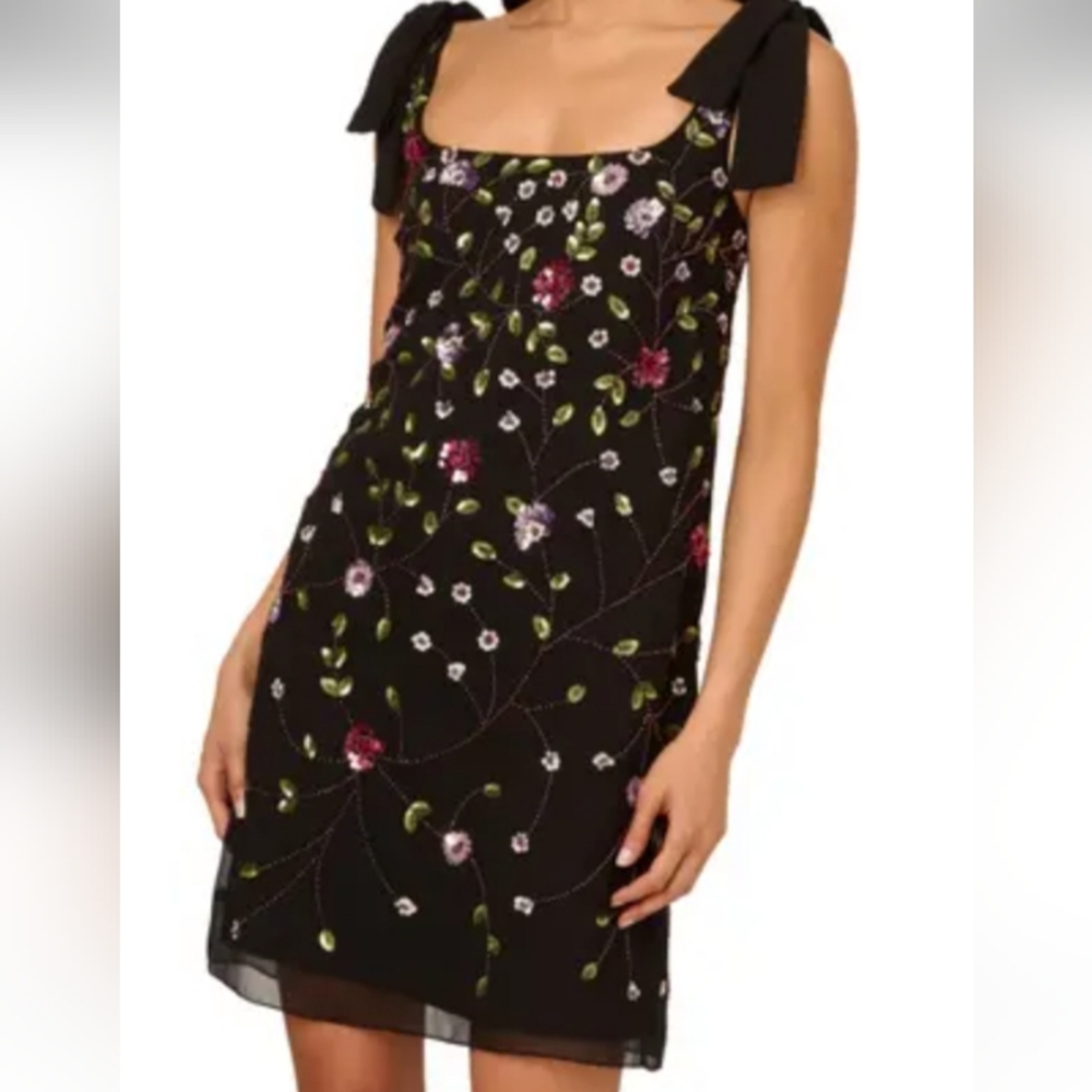 Adrianna Papell Black Dress with Floral Embroidery